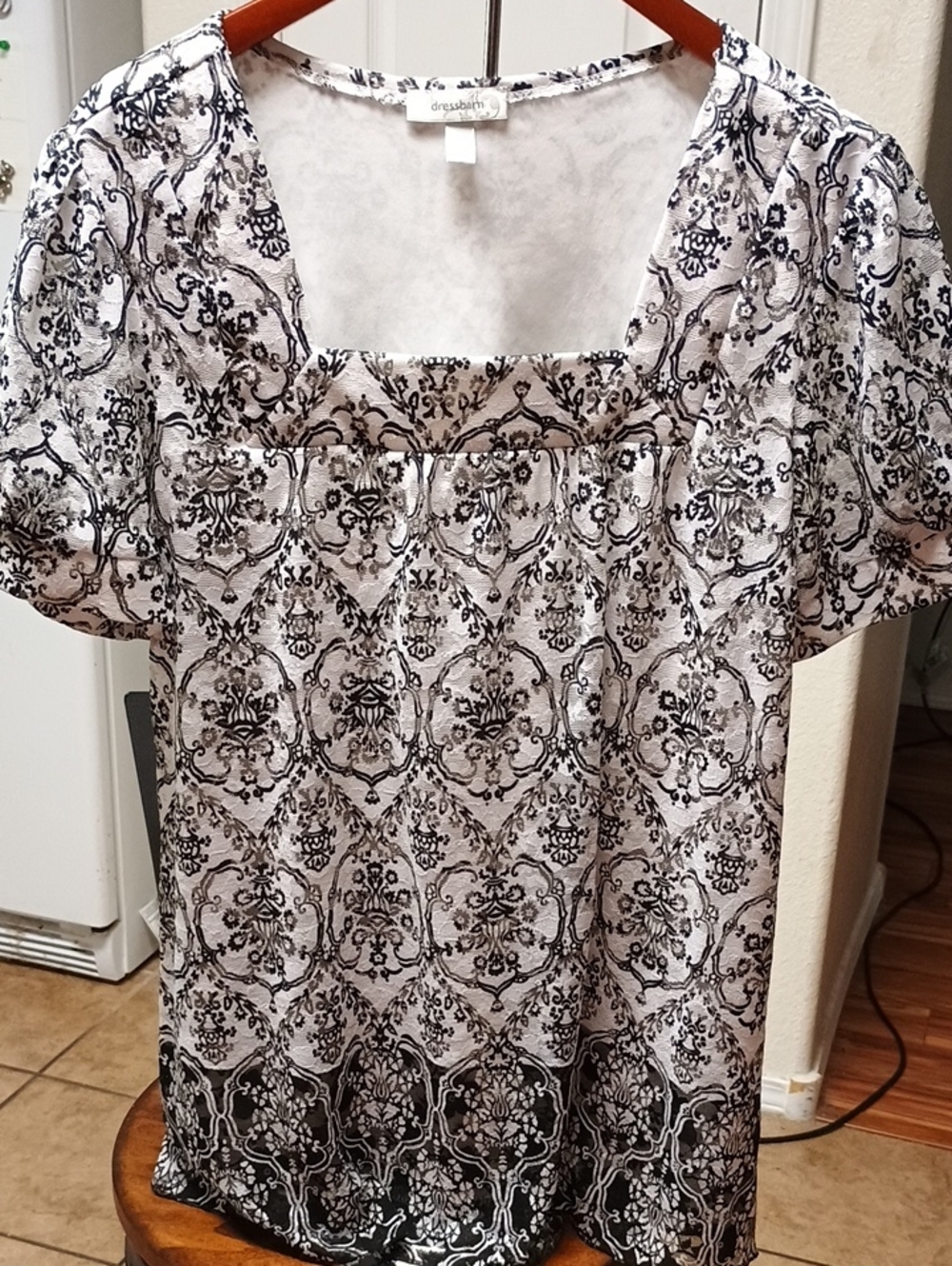 dressbarn Black and White Medallion Square-Neck Blouse